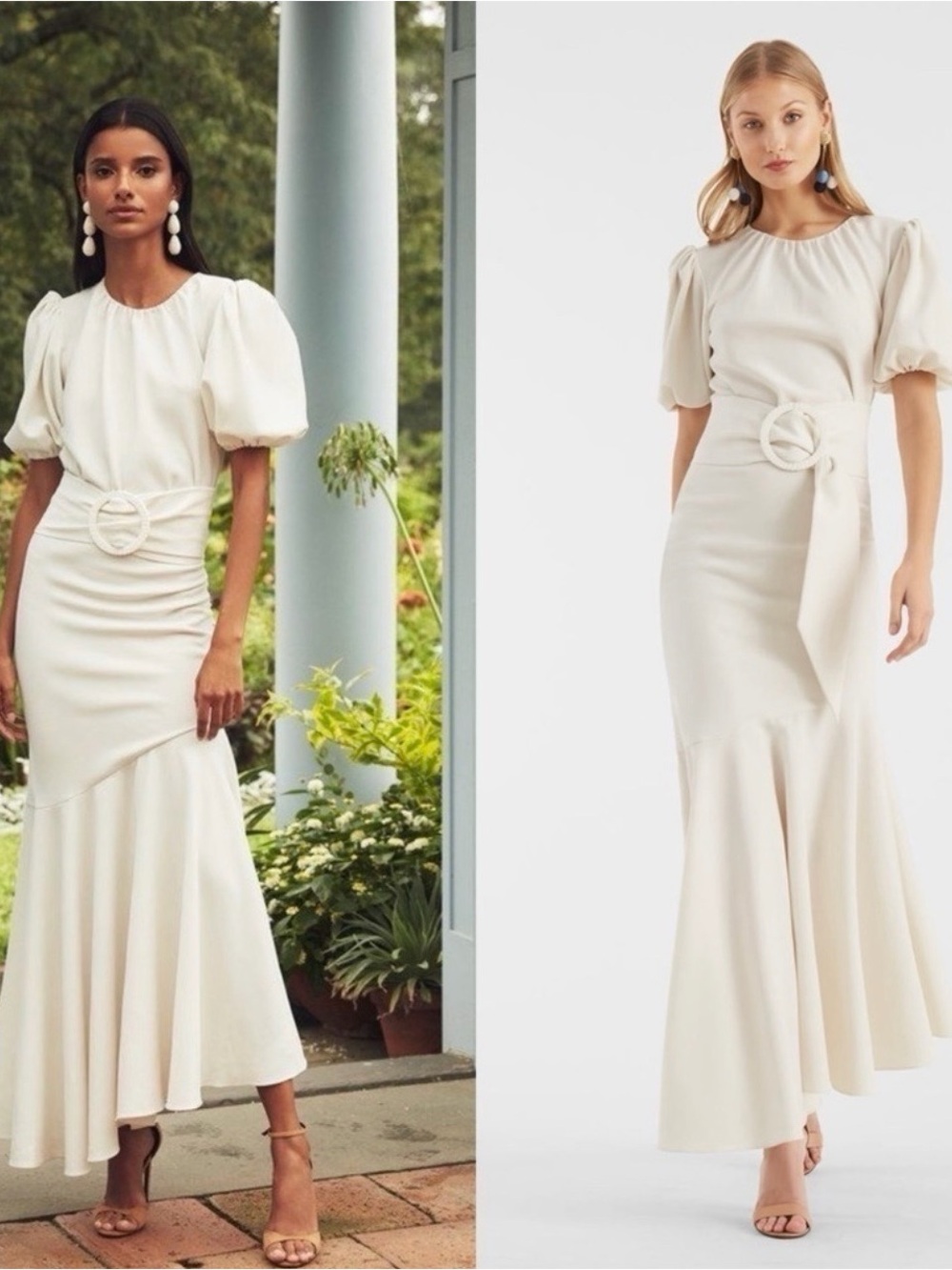 Camila Coelho Cream Puff-Sleeve Maxi Dress with Statement Belt